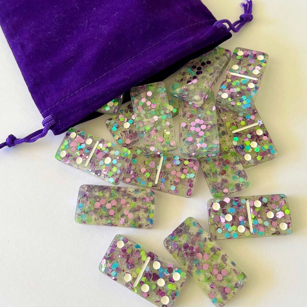 Purple Green Glitter Resin Dominoes Game with Velvet Bag 28 pieces Handmade